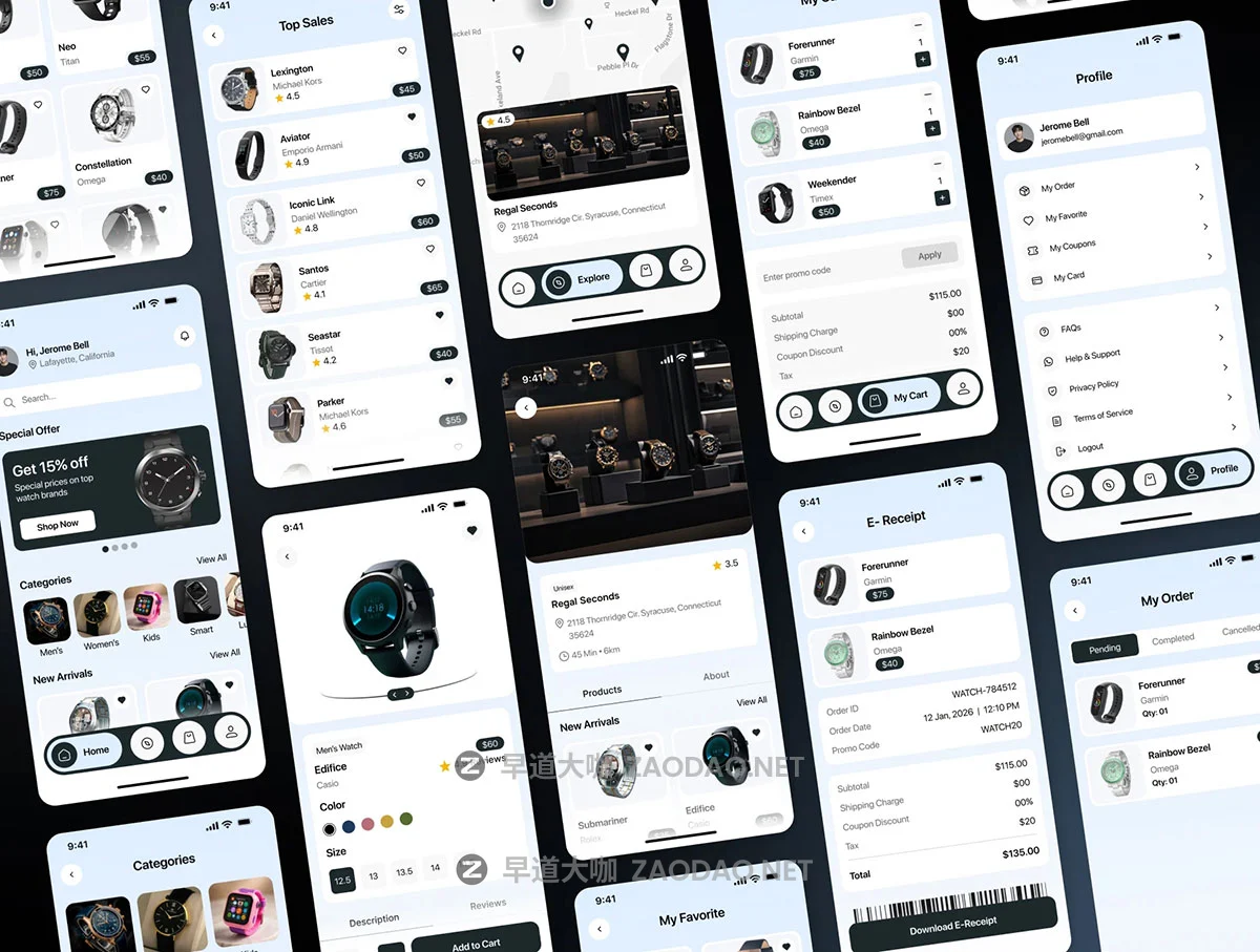 65+屏奢侈品智能手表电子产品商城app用户界面设计figma模板ui套件素材 Watch E-commerce Mobile App UI Kit插图3 65+屏奢侈品智能手表电子产品商城app用户界面设计figma模板ui套件素材 Watch E-commerce Mobile App UI Kit插图3