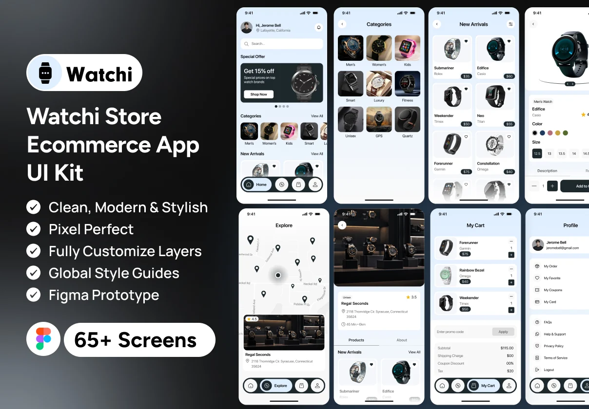 65+屏奢侈品智能手表电子产品商城app用户界面设计figma模板ui套件素材 Watch E-commerce Mobile App UI Kit