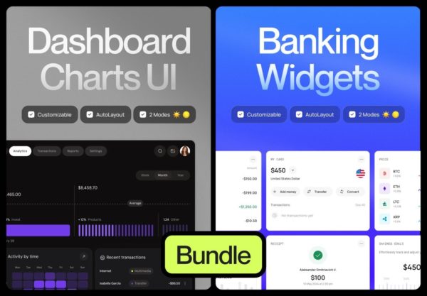 双配色银行金融理财投资网站用户界面+后台仪表盘UI设计Figma模板素材 Widgets UI Bundle