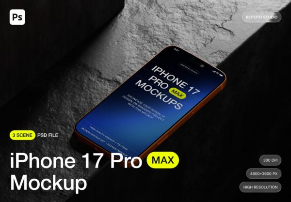3款混凝土背景苹果iPhone 17 Pro手机广告ui作品集设计ps贴图样机模板 iPhone 17 Pro Max Mockup Cinematic 3D Scenes特色图 3款混凝土背景苹果iPhone 17 Pro手机广告ui作品集设计ps贴图样机模板 iPhone 17 Pro Max Mockup Cinematic 3D Scenes
