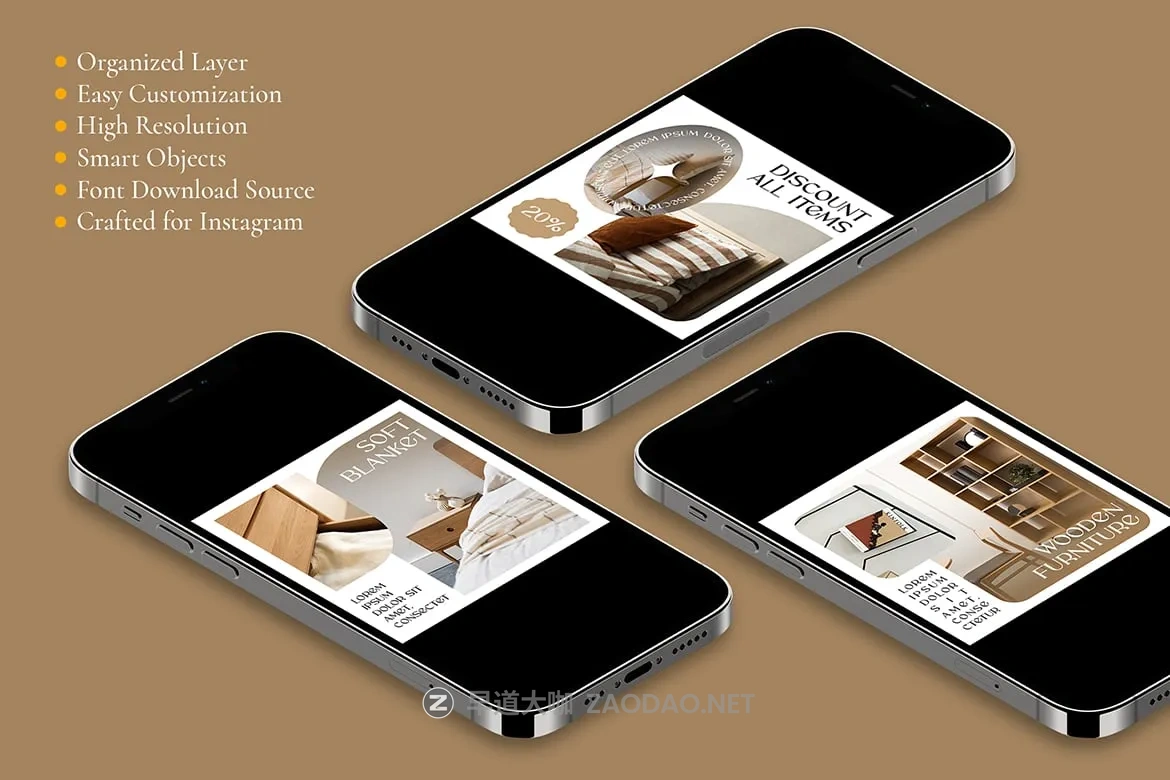 6款ins风优雅简约室内家具饰品品牌营销社交媒体推广电商海报设计psd模板 WOODY – Instagram Post Templates插图3 6款ins风优雅简约室内家具饰品品牌营销社交媒体推广电商海报设计psd模板 WOODY – Instagram Post Templates插图3
