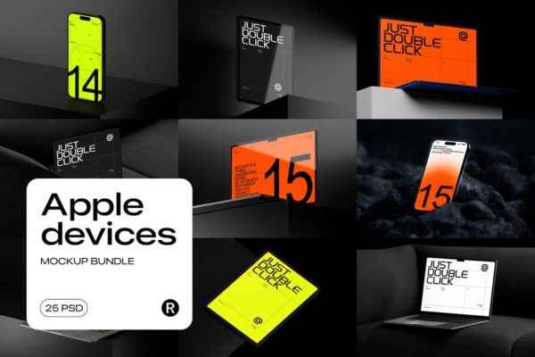 25款工业风苹果iPhone手机iPad平板MacBook电脑ui贴图psd样机模板 Apple Devices Mockup Bundle