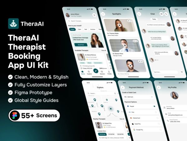 55+屏心里健康治疗咨询医生预约挂号app用户界面ui设计figma模板套件 TheraAI – Therapist Booking App UI Kit