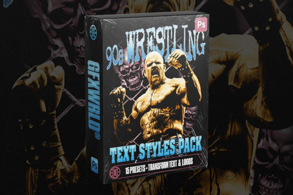 90年代复古粗犷镀铬电光3d立体效果T恤海报文本logo标题设计ps特效样式 Gfxwrld – 90s Wrestling Text Styles Pack (Vol. 1)特色图 90年代复古粗犷镀铬电光3d立体效果T恤海报文本logo标题设计ps特效样式 Gfxwrld – 90s Wrestling Text Styles Pack (Vol. 1)