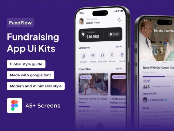 45+屏极简慈善基金公益筹款app手机移动应用程序界面设计figma模板ui套件素材 FundFlow – Fundraising Premium UI KIts App特色图 45+屏极简慈善基金公益筹款app手机移动应用程序界面设计figma模板ui套件素材 FundFlow – Fundraising Premium UI KIts App