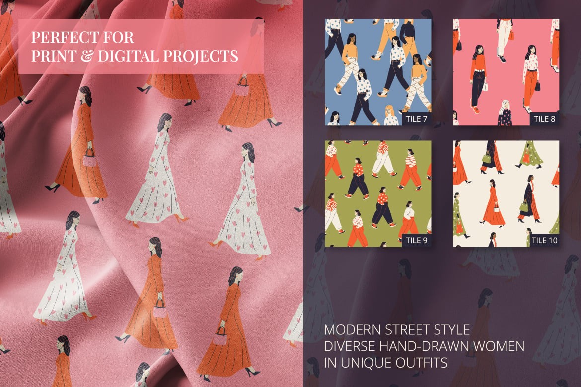 10组国际前卫时尚女性街头服装印花剪贴画ai矢量手绘插画素材 10 Street Style Patterns with Women插图1 10组国际前卫时尚女性街头服装印花剪贴画ai矢量手绘插画素材 10 Street Style Patterns with Women插图1