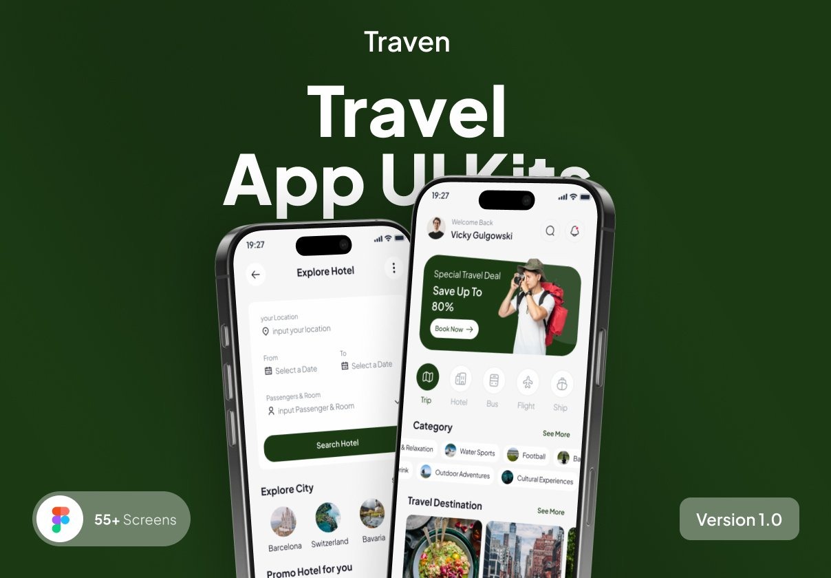 55+屏极简主义旅行旅游线路规划酒店机票预订app ui界面设计figma格式模板 Traven – Travel App UI Kits特色图 55+屏极简主义旅行旅游线路规划酒店机票预订app ui界面设计figma格式模板 Traven – Travel App UI Kits