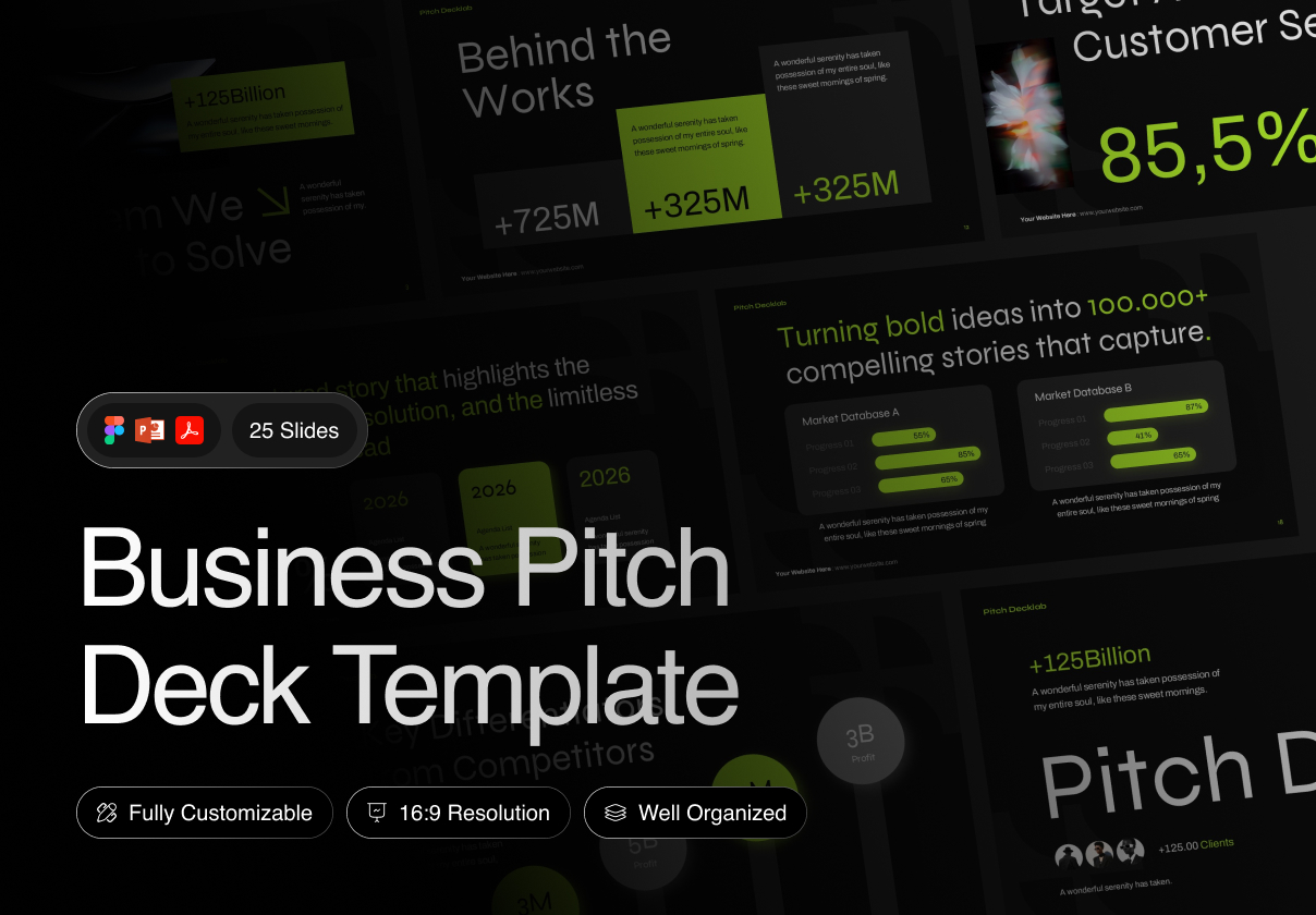 25页黑暗企业市场营销数据统计图表提案演讲稿幻灯片设计ppt/figma模板 Business Pitch Deck Template特色图 25页黑暗企业市场营销数据统计图表提案演讲稿幻灯片设计ppt/figma模板 Business Pitch Deck Template