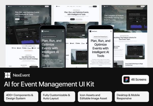 46屏响应式AI智能展会发布会音乐会活动行程表排程管理网站ui用户界面设计figma模板 NexEvent – AI for Event Management Website UI Kit