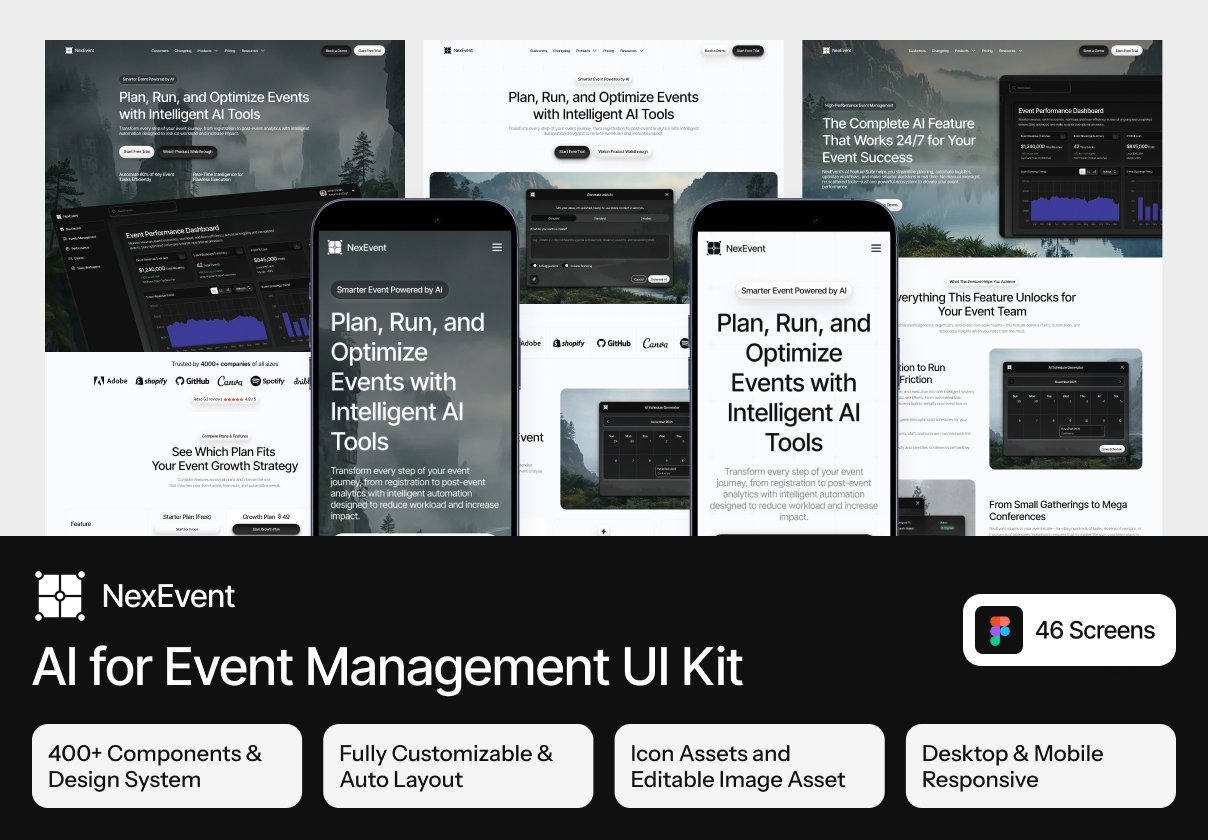 46屏响应式AI智能展会发布会音乐会活动行程表排程管理网站ui用户界面设计figma模板 NexEvent – AI for Event Management Website UI Kit特色图 46屏响应式AI智能展会发布会音乐会活动行程表排程管理网站ui用户界面设计figma模板 NexEvent – AI for Event Management Website UI Kit