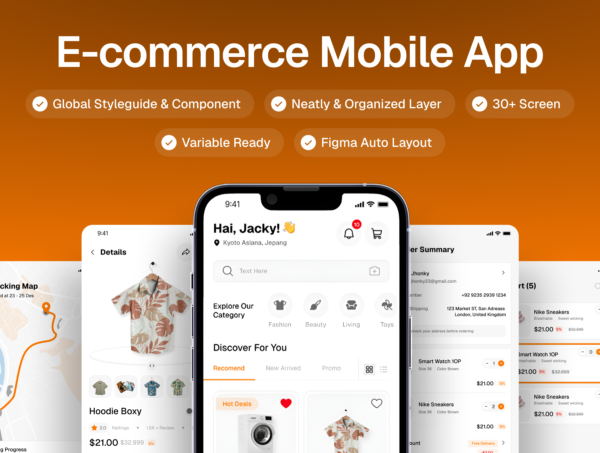 30+屏在线购物电子商城商店应用程序手机app ui界面设计figma模板套件素材 Commarce – E-Commerce Mobile App UI Kit特色图 30+屏在线购物电子商城商店应用程序手机app ui界面设计figma模板套件素材 Commarce – E-Commerce Mobile App UI Kit