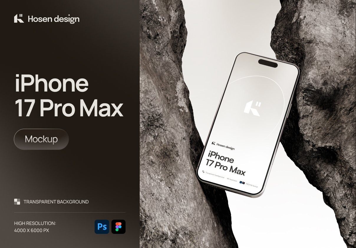 1款石头背景手机ui界面作品设计苹果iPhone 17贴图效果图psd样机模板 iPhone Mockup — Stone Scene特色图 1款石头背景手机ui界面作品设计苹果iPhone 17贴图效果图psd样机模板 iPhone Mockup — Stone Scene