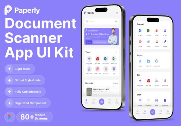 80+屏文档扫描阅读器手机软件app ui界面设计figma模板套件 Paperly–Document Scanner App UI Kit