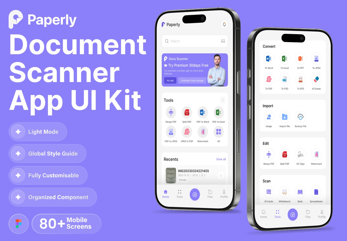 80+屏文档扫描阅读器手机软件app ui界面设计figma模板套件 Paperly–Document Scanner App UI Kit特色图 80+屏文档扫描阅读器手机软件app ui界面设计figma模板套件 Paperly–Document Scanner App UI Kit