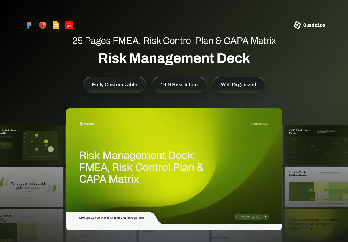 25页绿色科技研发数据图表报表提案演讲报表幻灯片设计figma/ppt模板素材 Deck Risk Management – Quadrops特色图 25页绿色科技研发数据图表报表提案演讲报表幻灯片设计figma/ppt模板素材 Deck Risk Management – Quadrops