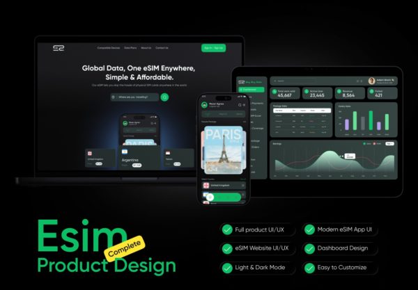 双配色eSIM电信网络手机套餐订阅网站+仪表盘ui界面设计figma模板素材 eSIM Product UI Kit – App, Web & Dashboard