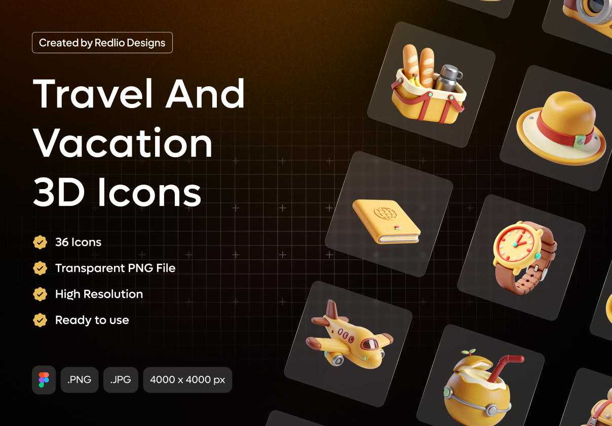 36款高级旅行冒险徒步攀登3d图标icons插图png/jpg/figma格式设计素材 Travel & Vacation 3D Icon Set – 36 Premium High-Res Assets特色图 36款高级旅行冒险徒步攀登3d图标icons插图png/jpg/figma格式设计素材 Travel & Vacation 3D Icon Set – 36 Premium High-Res Assets