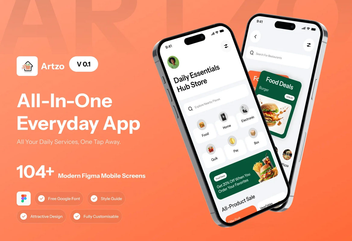 104+屏现代美学在线购物杂货店商城应用程序手机app ui界面设计figma模板套件 Artzo | All-In-One Everyday App UI Kit特色图 104+屏现代美学在线购物杂货店商城应用程序手机app ui界面设计figma模板套件 Artzo | All-In-One Everyday App UI Kit