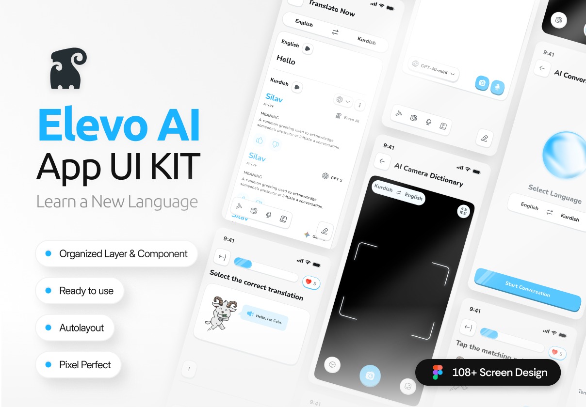 108屏双配色AI人工智能聊天机器人语言翻译学习app用户界面ui套件figma模板素材 Elevo AI – Language Learning App UI Kit特色图 108屏双配色AI人工智能聊天机器人语言翻译学习app用户界面ui套件figma模板素材 Elevo AI – Language Learning App UI Kit