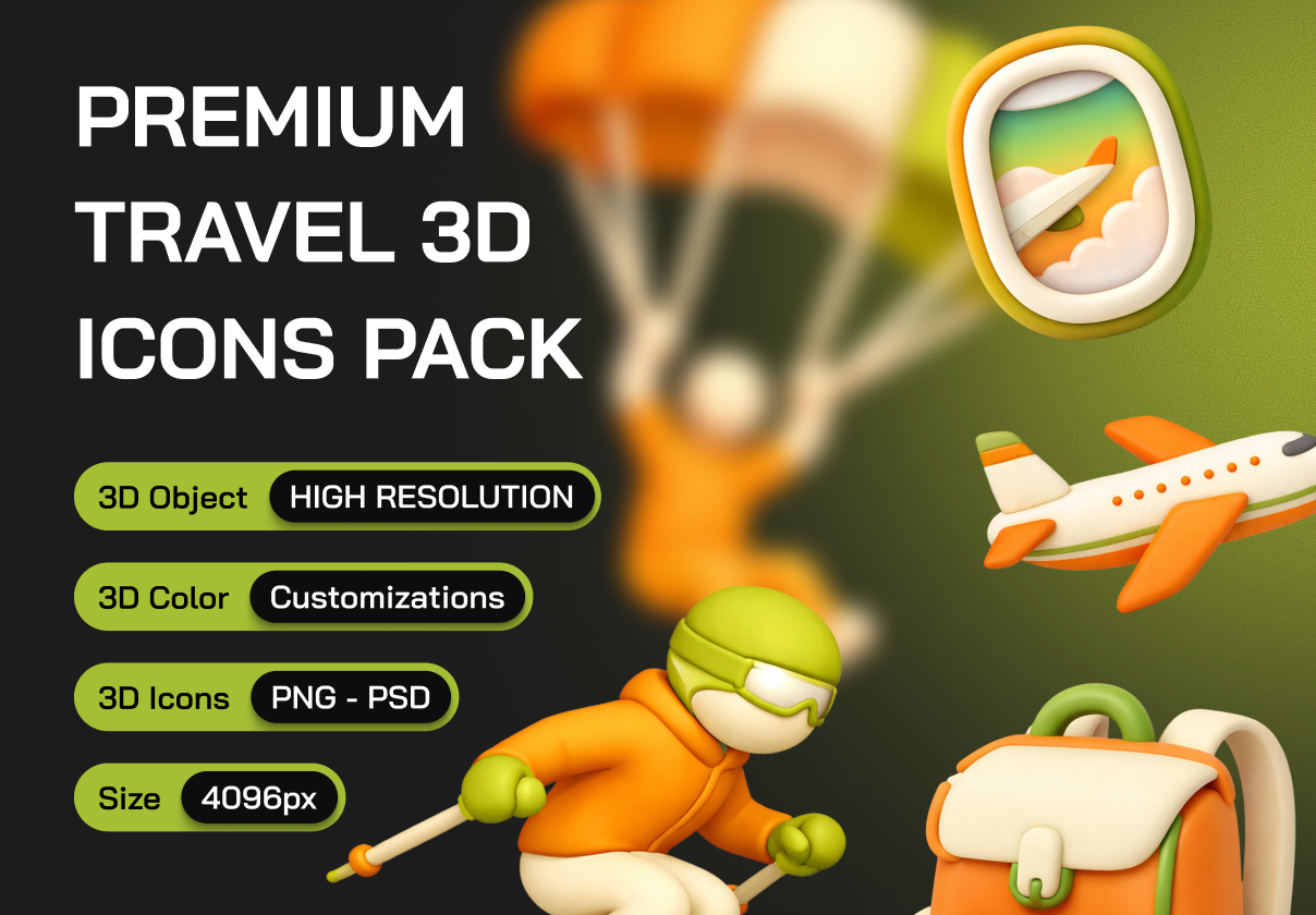 35款高级质感旅游旅行冒险露营3d插图图标icons设计png/figma格式素材 Travel 3D Icon Set特色图 35款高级质感旅游旅行冒险露营3d插图图标icons设计png/figma格式素材 Travel 3D Icon Set