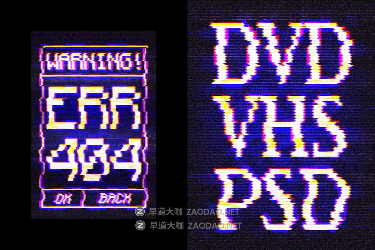 复古边缘模糊VHS信号故障错位失真文本logo设计ps特效样机模板 VHS Glitched Text & Logo Effect插图1 复古边缘模糊VHS信号故障错位失真文本logo设计ps特效样机模板 VHS Glitched Text & Logo Effect插图1