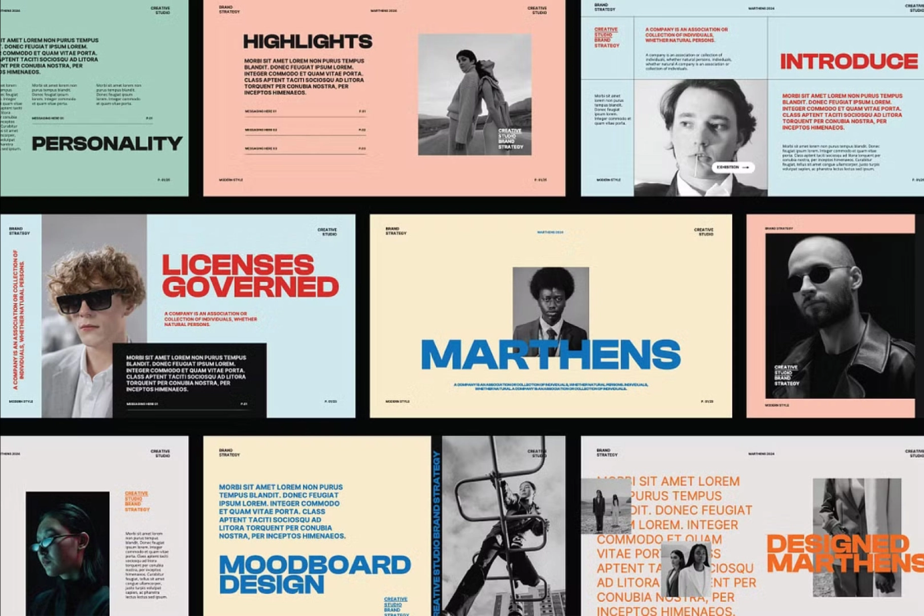 30页创意多配色品牌战略策划企业案例介绍项目提案情绪版幻灯片设计ppt模板素材 Marthens – Brand Strategy Google Slides Template