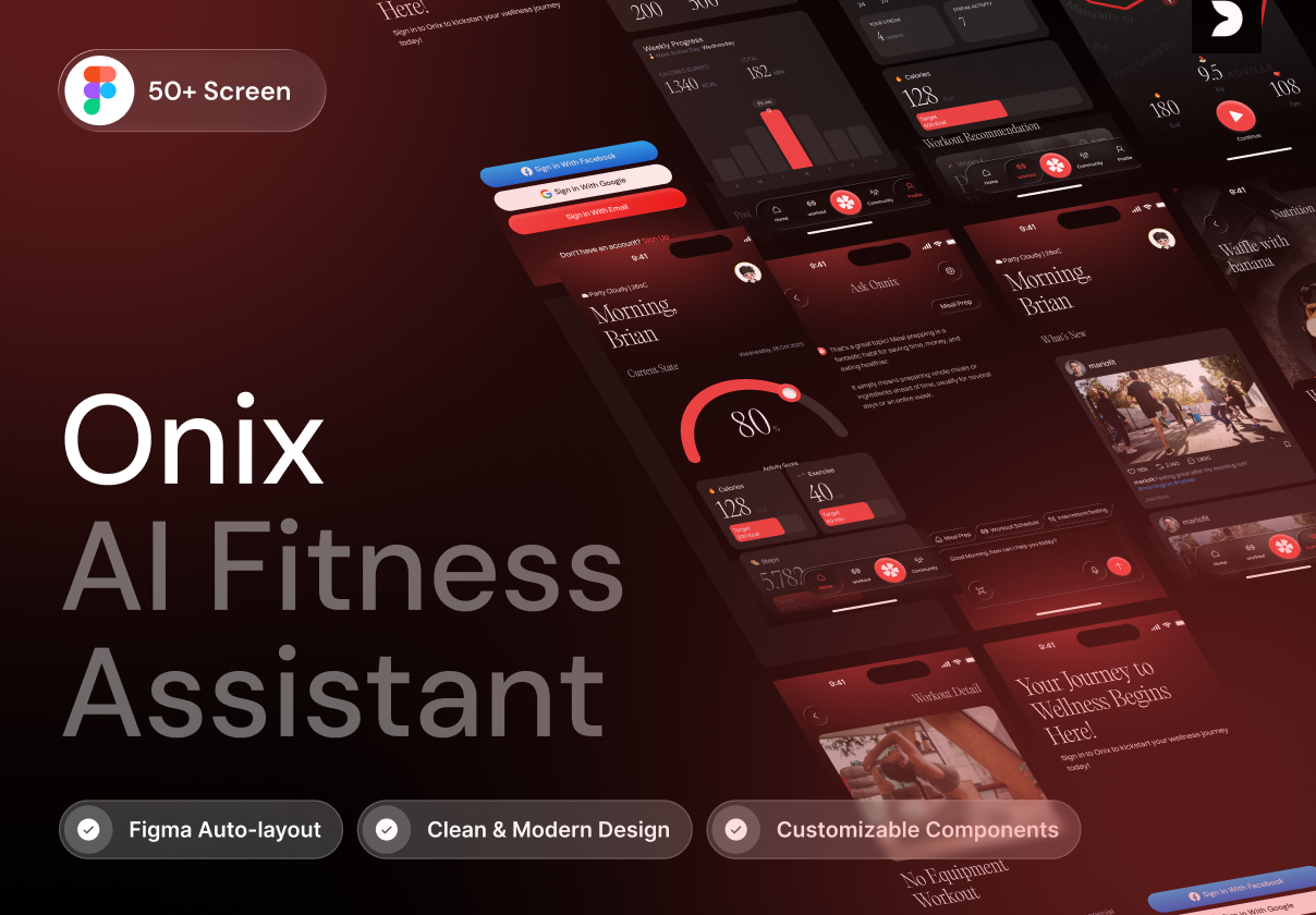 50+屏未来感AI智能跑步健身锻炼数据跟踪统计仪表盘手机移动app ui界面设计figma模板套件 Onix – AI Fitness Assistant UI Kit特色图 50+屏未来感AI智能跑步健身锻炼数据跟踪统计仪表盘手机移动app ui界面设计figma模板套件 Onix – AI Fitness Assistant UI Kit