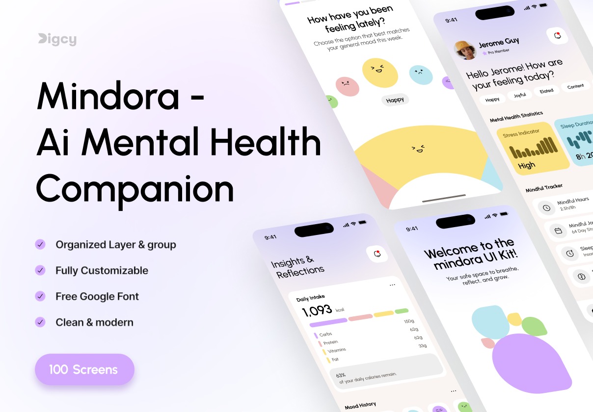 100屏AI智能心里健康情绪追踪咨询app应用程序ui界面设计figma模板套件 Mindora – AI Mental Health Companion UI Kit特色图 100屏AI智能心里健康情绪追踪咨询app应用程序ui界面设计figma模板套件 Mindora – AI Mental Health Companion UI Kit