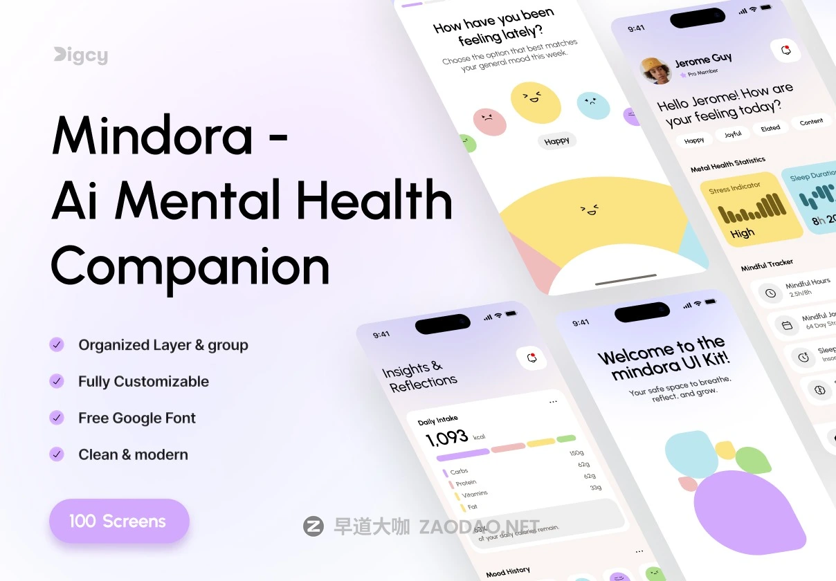 100屏AI智能心里健康情绪追踪咨询app应用程序ui界面设计figma模板套件 Mindora – AI Mental Health Companion UI Kit插图 100屏AI智能心里健康情绪追踪咨询app应用程序ui界面设计figma模板套件 Mindora – AI Mental Health Companion UI Kit插图