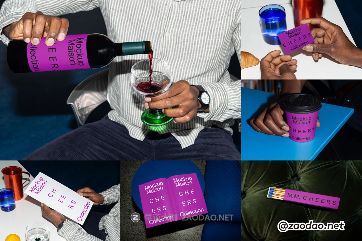 7款小众红酒瓶咖啡杯画册火柴盒名片菜单品牌VI设计展示PS贴图样机模板 Mockup.Maison – Cheers Collection P3插图 7款小众红酒瓶咖啡杯画册火柴盒名片菜单品牌VI设计展示PS贴图样机模板 Mockup.Maison – Cheers Collection P3插图