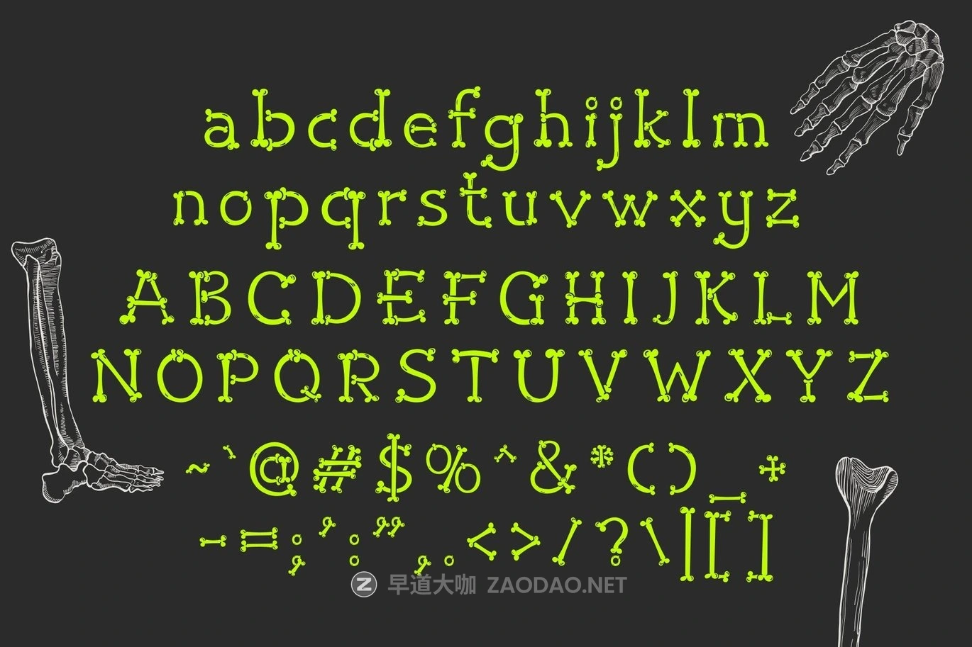 时尚俏皮深色主题品牌包装邀请函设计装饰英文字体安装包 Bone Alchemy – Skeleton Typeface插图1 时尚俏皮深色主题品牌包装邀请函设计装饰英文字体安装包 Bone Alchemy – Skeleton Typeface插图1