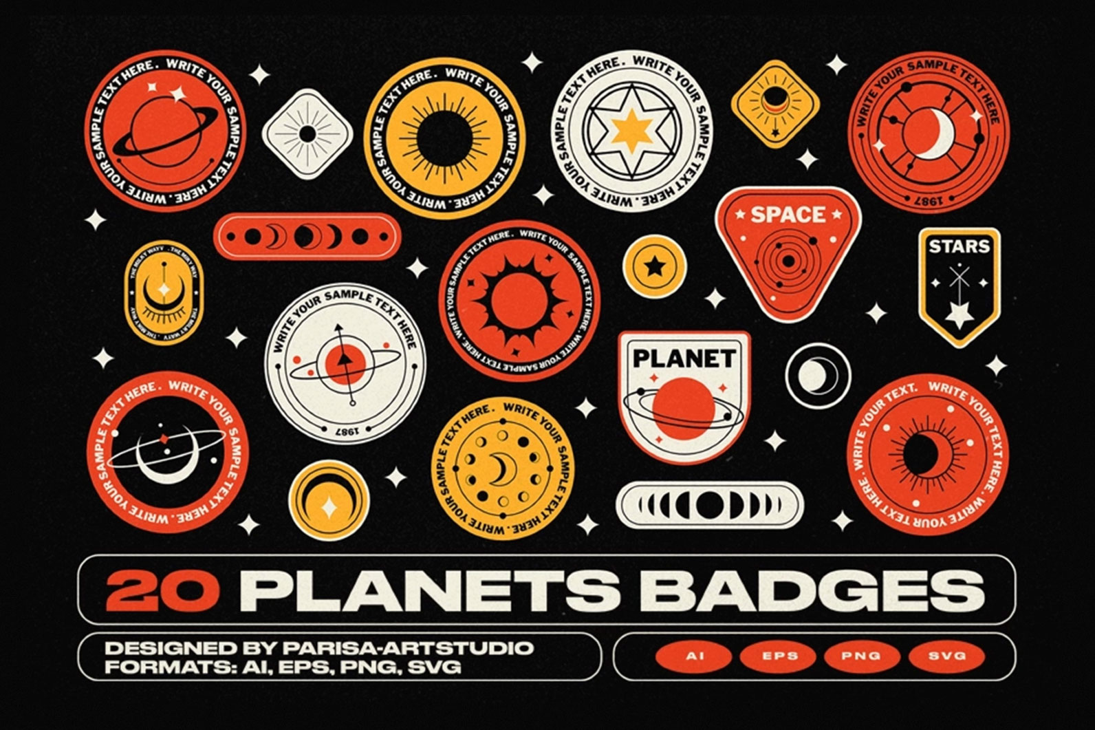 20款星球星星太空拼贴艺术贴纸标签设计AI矢量模板+PNG免抠图素材 20 Planets Badge Stickers特色图 20款星球星星太空拼贴艺术贴纸标签设计AI矢量模板+PNG免抠图素材 20 Planets Badge Stickers