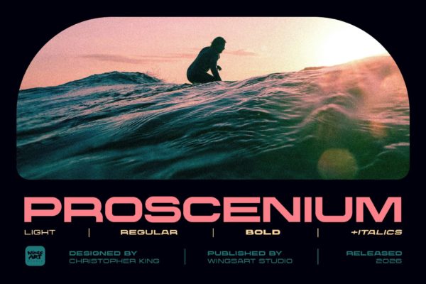现代时尚科幻电影标题海报杂志设计无衬线英文字体安装包 Proscenium – A Cinematic Sans-Serif