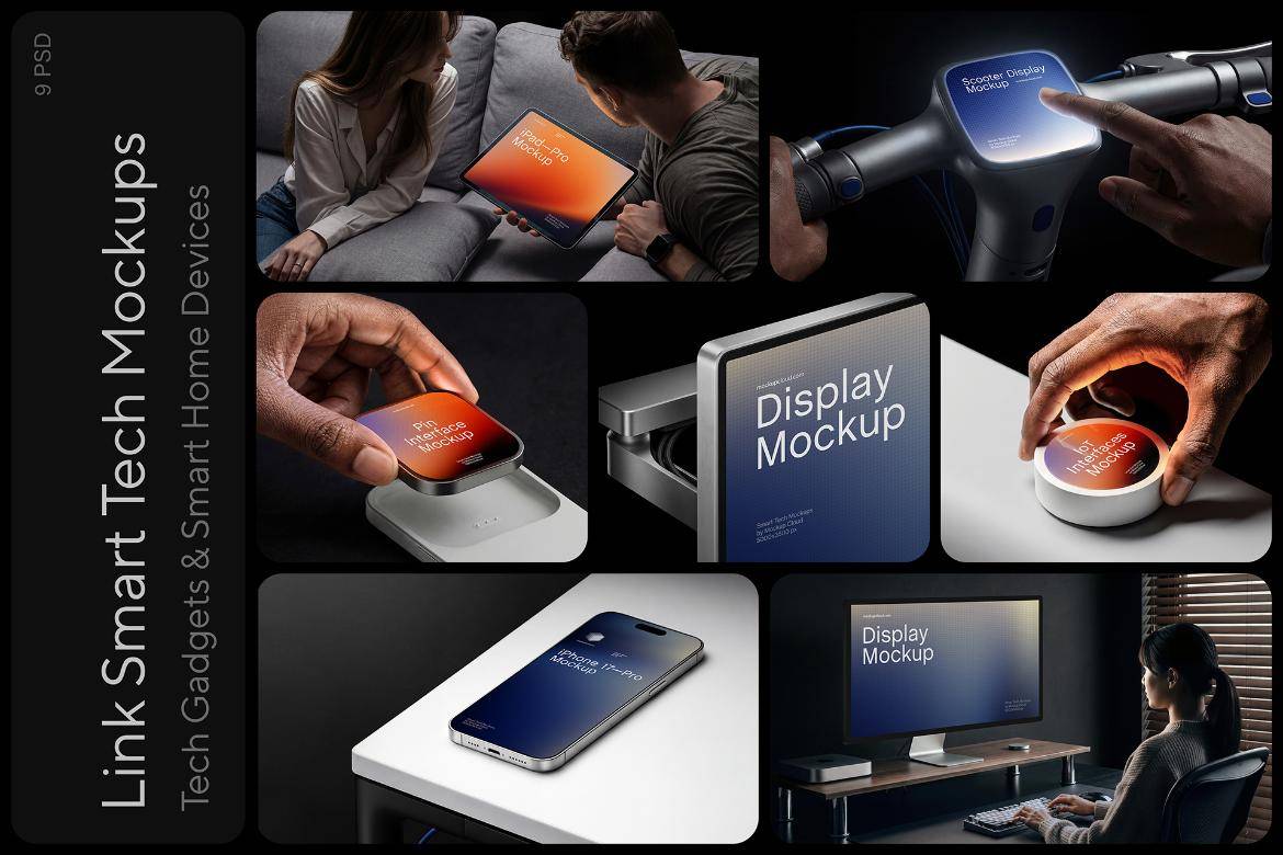 9款高端智能设备iPhone手机display显示器iPad平板ui广告作品集设计贴图psd样机模板 Smart Tech Device Mockups / Link Series特色图 9款高端智能设备iPhone手机display显示器iPad平板ui广告作品集设计贴图psd样机模板 Smart Tech Device Mockups / Link Series