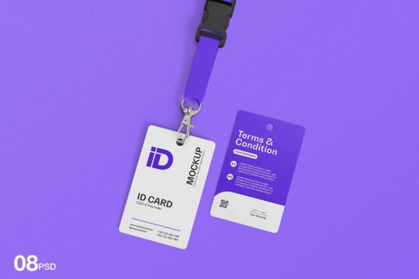 8款安保ID卡门禁卡通行证工作证挂绳设计展示贴图psd样机模板 ID Card Mockup with Lanyard