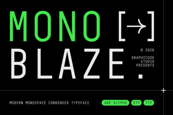 现代未来科技品牌杂志包装电影封面设计无衬线英文字体安装包 Mono Blaze特色图 现代未来科技品牌杂志包装电影封面设计无衬线英文字体安装包 Mono Blaze
