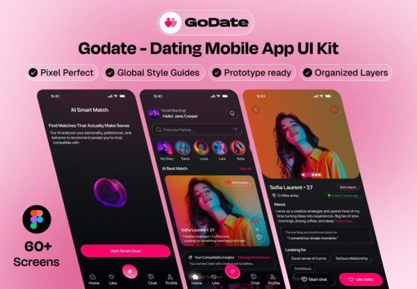 60+屏创意相亲约会交友聊天社交媒体手机应用程序app ui界面设计figma模板 Godate – Dating Mobile App UI Kit特色图 60+屏创意相亲约会交友聊天社交媒体手机应用程序app ui界面设计figma模板 Godate – Dating Mobile App UI Kit