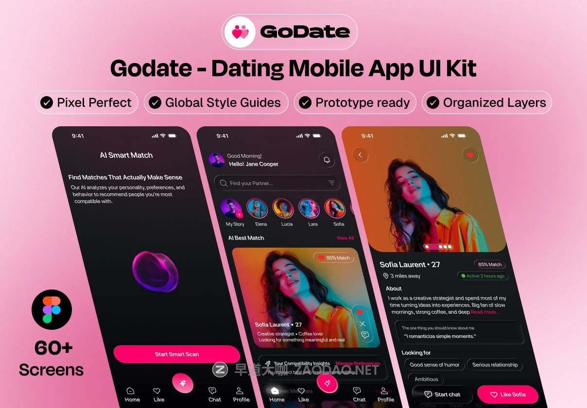 60+屏创意相亲约会交友聊天社交媒体手机应用程序app ui界面设计figma模板 Godate – Dating Mobile App UI Kit插图 60+屏创意相亲约会交友聊天社交媒体手机应用程序app ui界面设计figma模板 Godate – Dating Mobile App UI Kit插图