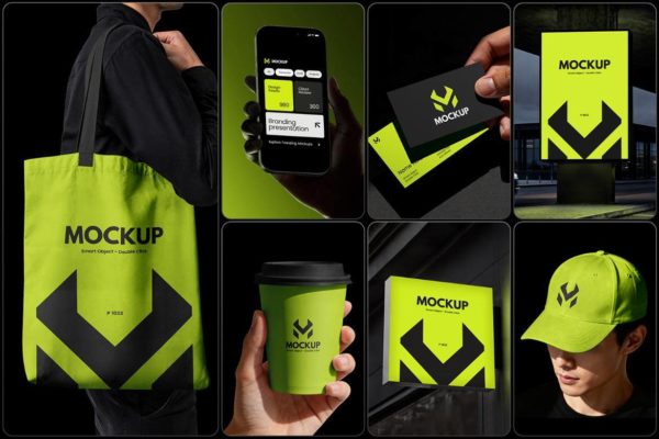 7款黑暗iPhone手机名片广告牌帆布袋纸杯棒球帽vi贴图psd样机 Branding Identity Mockup Set Vol.2