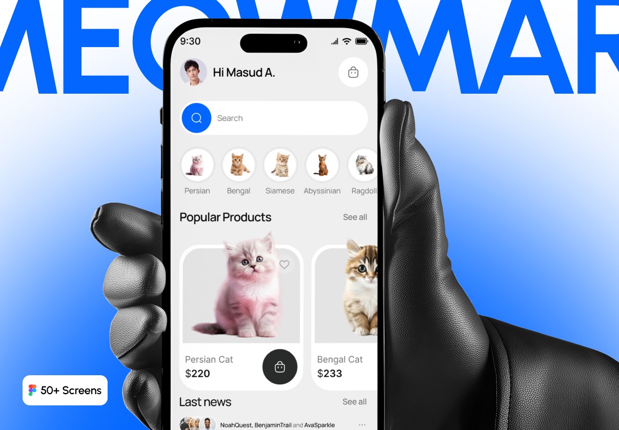50+屏现代动物宠物护理用品在线购买手机app ui界面设计figma模板 MeowMart – E-commerce Pet Marketplace App UI Kit插图 50+屏现代动物宠物护理用品在线购买手机app ui界面设计figma模板 MeowMart – E-commerce Pet Marketplace App UI Kit插图