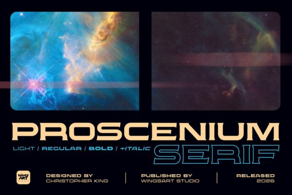 现代科幻品牌杂志电影标题设计衬线英文字体安装包 Proscenium Serif – A Widescreen Title Font Designe