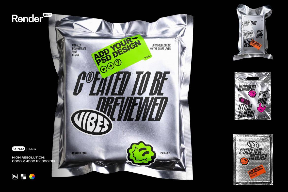 9款金属箔纸包装袋快递袋贴纸标签设计展示psd贴图效果图样机 Metallic Foil Bag Mockup Set特色图 9款金属箔纸包装袋快递袋贴纸标签设计展示psd贴图效果图样机 Metallic Foil Bag Mockup Set