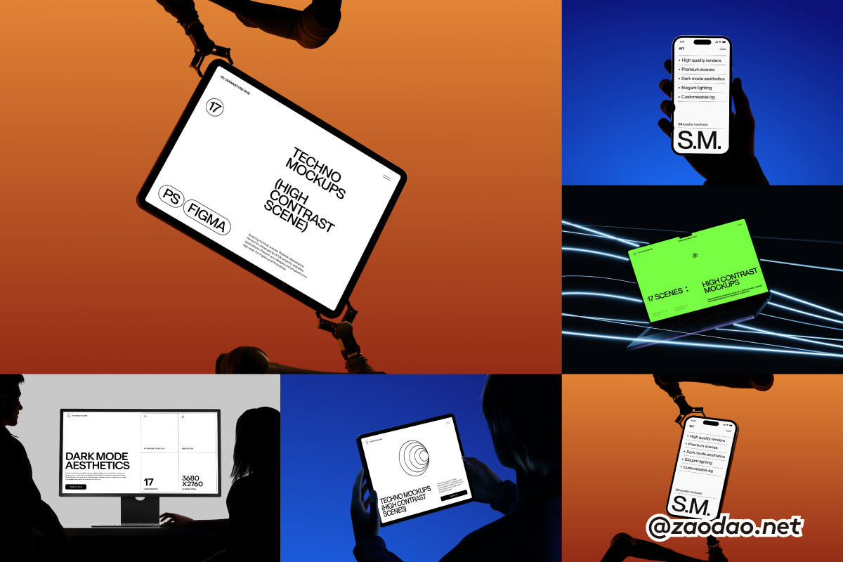 现代美学ui界面作品集设计苹果iPhone手机iPad平板MacBook电脑贴图figma样机模板 Wannathis – Blackout silhouette device mockups特色图 现代美学ui界面作品集设计苹果iPhone手机iPad平板MacBook电脑贴图figma样机模板 Wannathis – Blackout silhouette device mockups