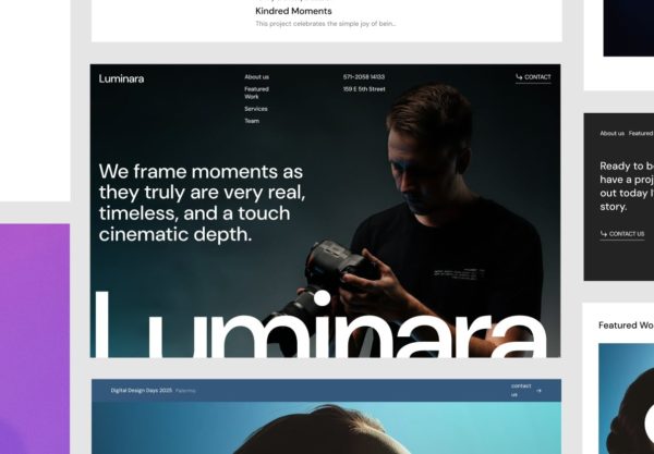 电影感摄影设计师作品集案例网站界面布局ui设计figma模板套件 Luminara – Portfolio & Agency Website Template特色图 电影感摄影设计师作品集案例网站界面布局ui设计figma模板套件 Luminara – Portfolio & Agency Website Template