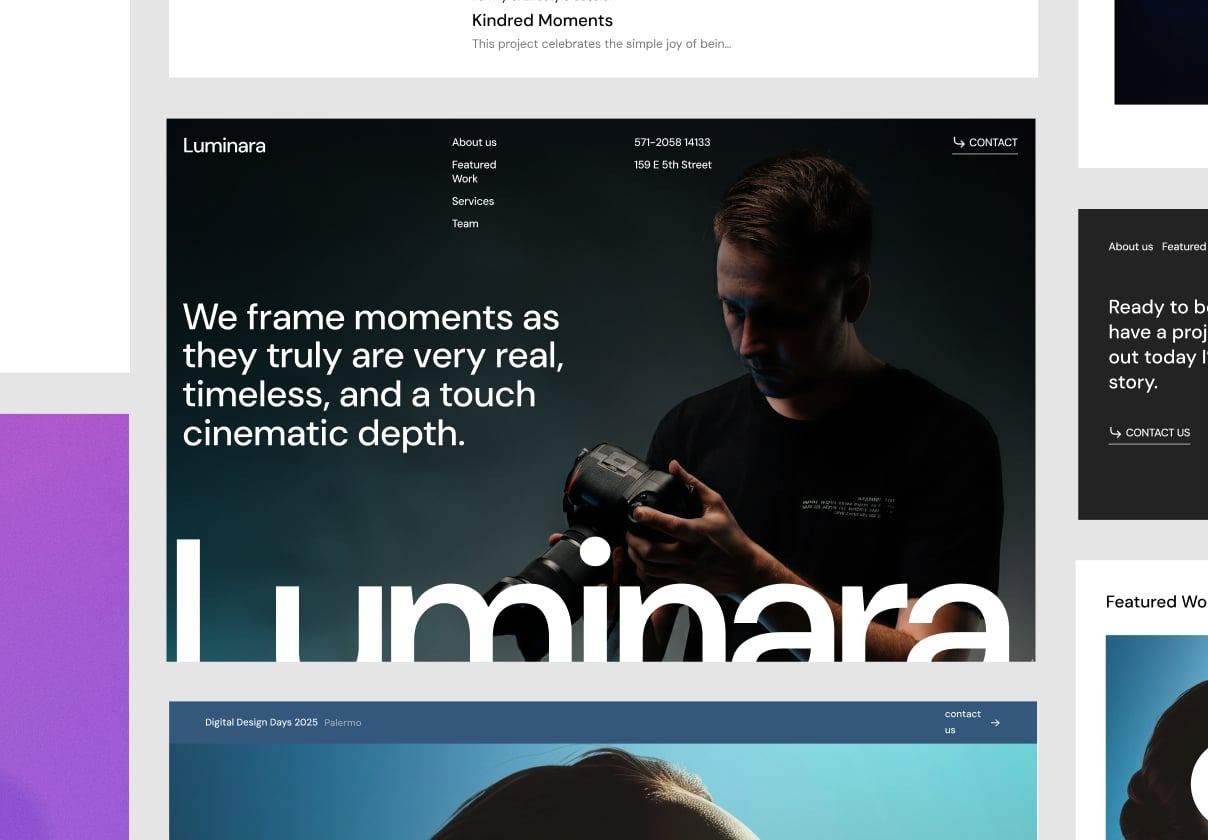 电影感摄影设计师作品集案例网站界面布局ui设计figma模板套件 Luminara – Portfolio & Agency Website Template特色图 电影感摄影设计师作品集案例网站界面布局ui设计figma模板套件 Luminara – Portfolio & Agency Website Template