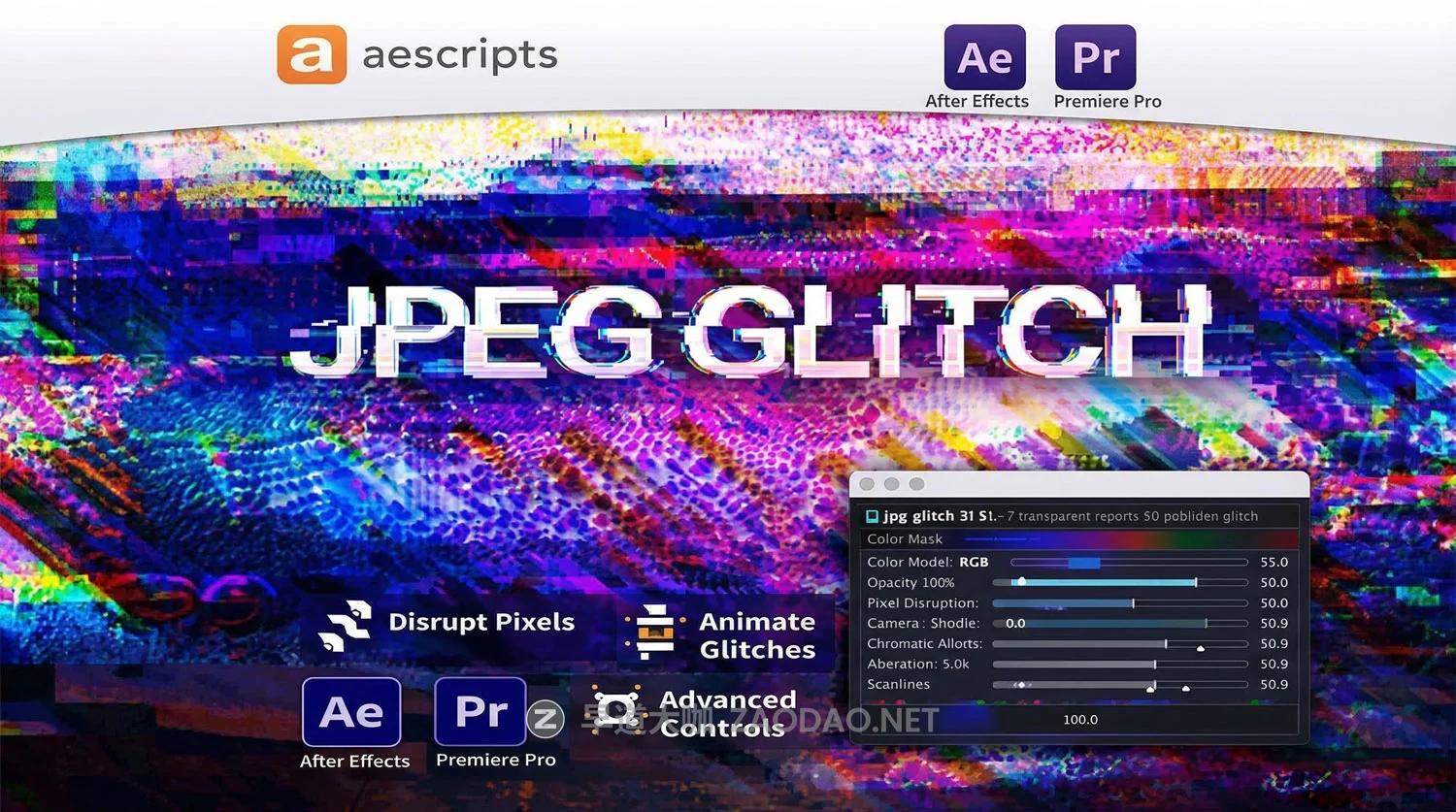 AE信号故障失真损坏噪点视频特效插件 Win/Mac版本 Aescripts – JPEG glitch 1.0.7插图 AE信号故障失真损坏噪点视频特效插件 Win/Mac版本 Aescripts – JPEG glitch 1.0.7插图