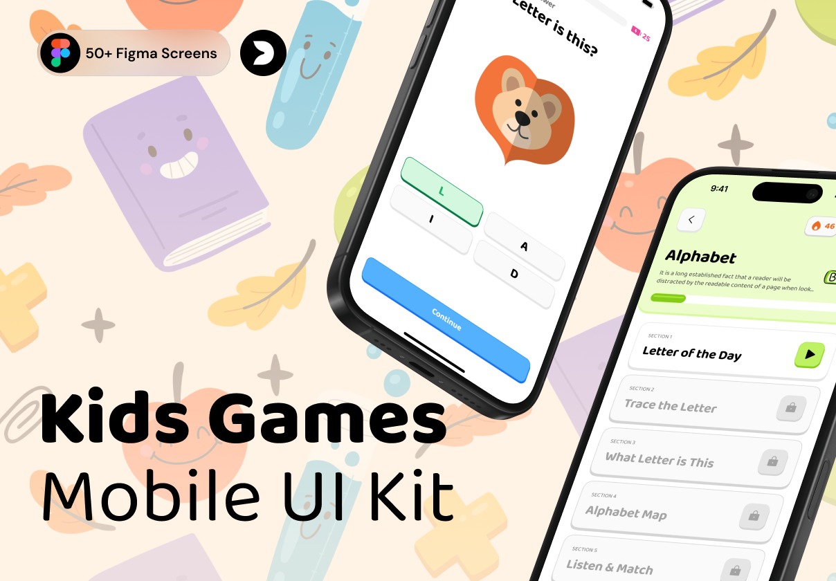 110屏卡通趣味游戏化儿童教学教育学习活动手机应用程序app ui界面设计figma模板 Kids Learning Games Mobile App UI Kit特色图 110屏卡通趣味游戏化儿童教学教育学习活动手机应用程序app ui界面设计figma模板 Kids Learning Games Mobile App UI Kit