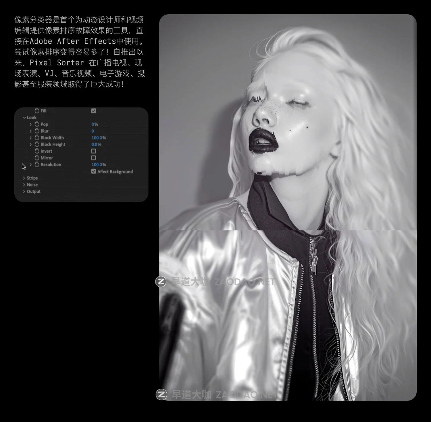 AE/PR插件 故障像素拉伸撕裂分离特效工具 Win/Mac版本 Pixel Sorter 4 v4.1.0插图1 AE/PR插件 故障像素拉伸撕裂分离特效工具 Win/Mac版本 Pixel Sorter 4 v4.1.0插图1