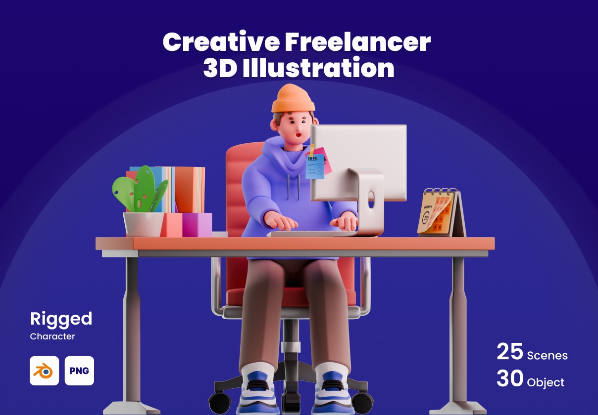 50+款创意自由职业着人物角色办公物品3D插画插图设计blender/png格式素材 Creative Freelancer 3D Illustration Set特色图 50+款创意自由职业着人物角色办公物品3D插画插图设计blender/png格式素材 Creative Freelancer 3D Illustration Set