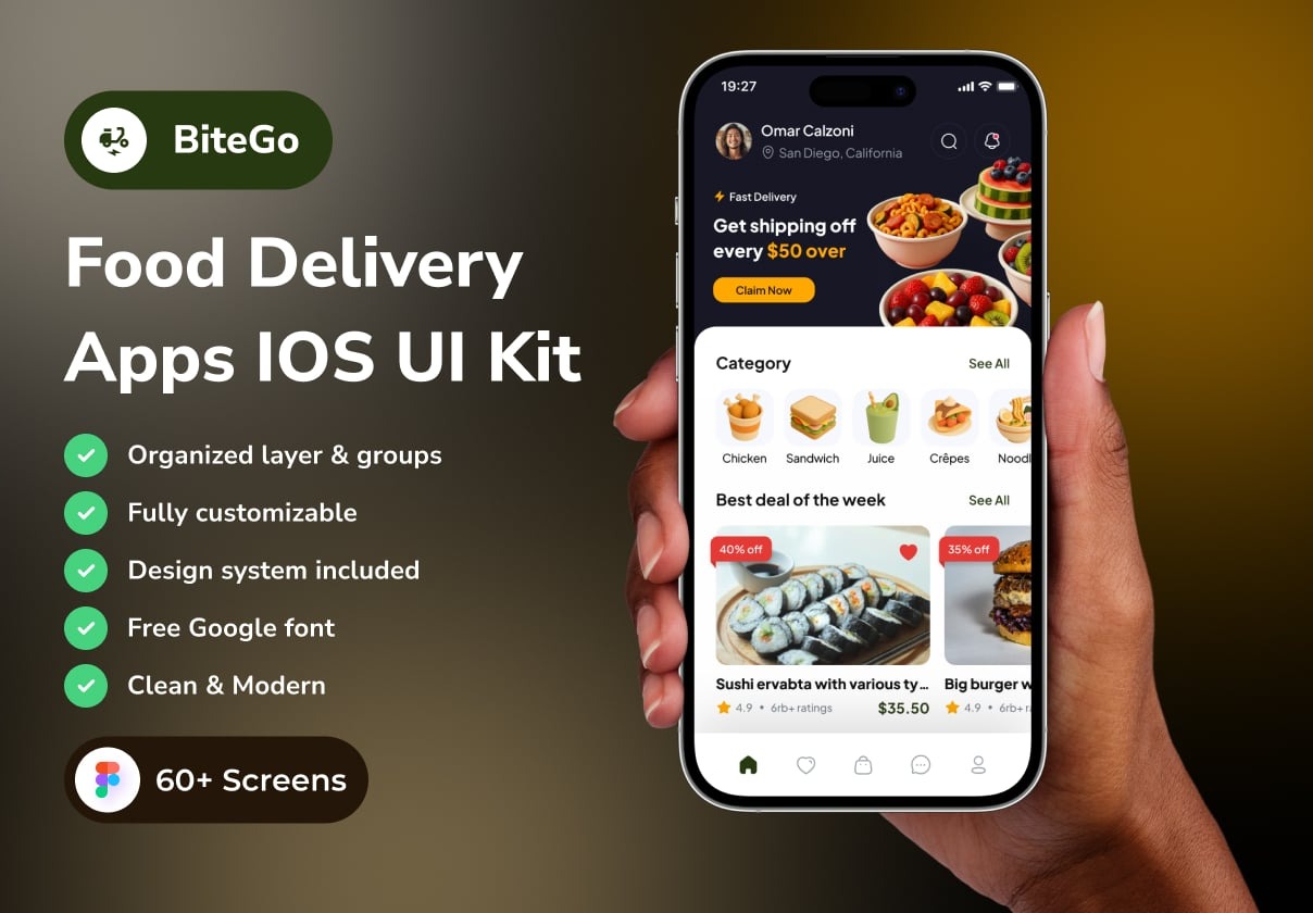 60+屏外卖餐饮送餐点餐app应用程序ui界面设计figma模板套件 BiteGo – Food Delivery App IOS UI Kits特色图 60+屏外卖餐饮送餐点餐app应用程序ui界面设计figma模板套件 BiteGo – Food Delivery App IOS UI Kits